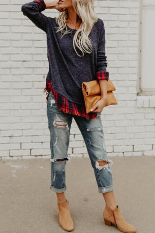 Plaid Patchwork Round Collar Sweatshirt