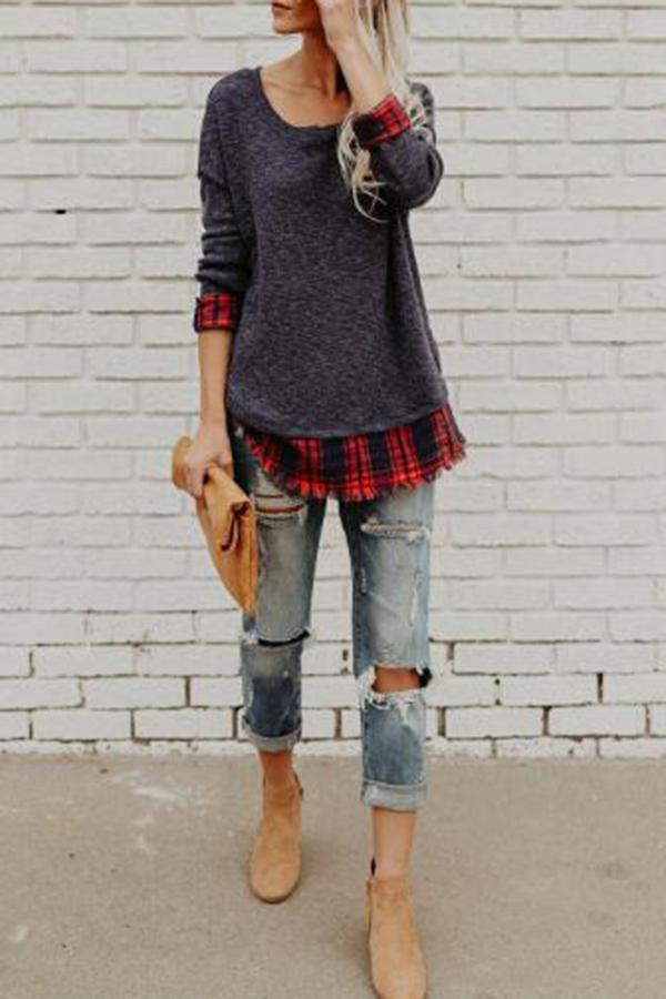 Plaid Patchwork Round Collar Sweatshirt