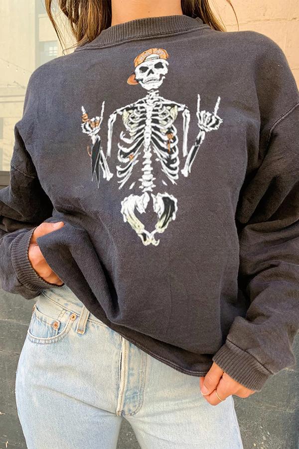 Long Sleeve Skull Round Neck Sweatshirt