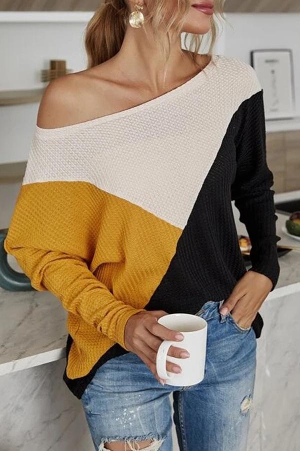 Long Sleeve Color Block Boat Neck T-Shirt