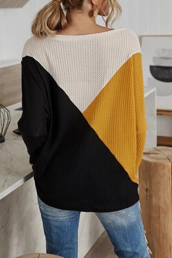 Long Sleeve Color Block Boat Neck T-Shirt