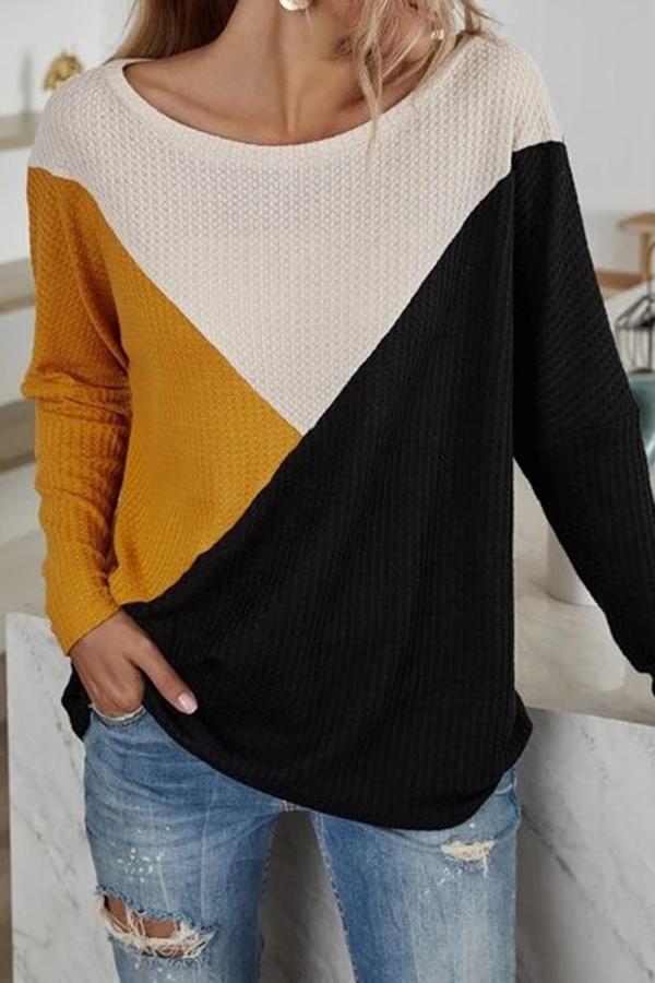 Long Sleeve Color Block Boat Neck T-Shirt