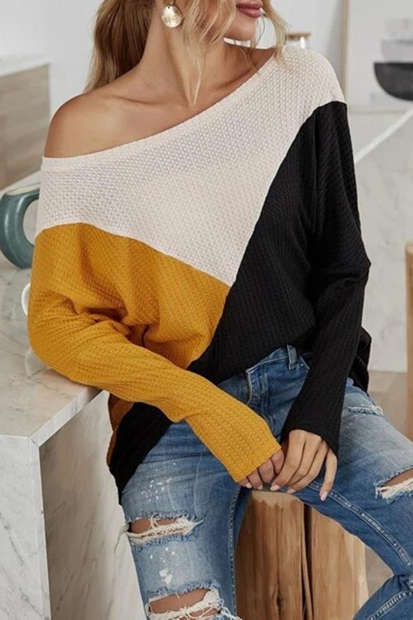 Long Sleeve Color Block Boat Neck T-Shirt