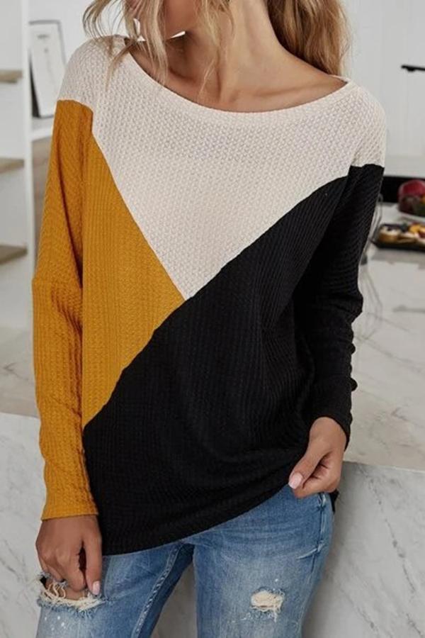 Long Sleeve Color Block Boat Neck T-Shirt