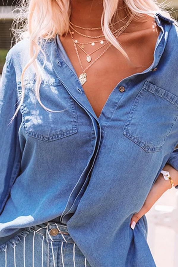 Feminine Plain Lapel Long Sleeve Blouse