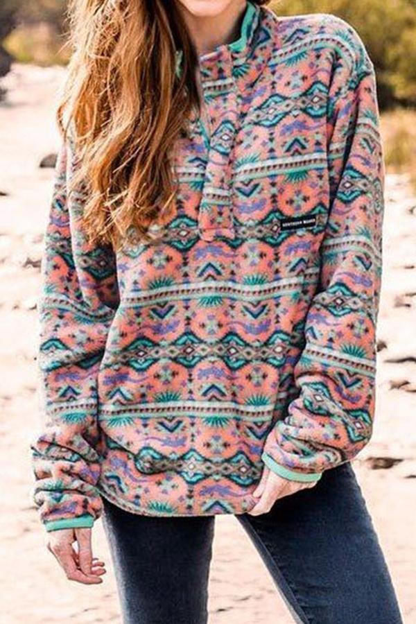 Colorful Flower Print Mandarin Collar Sweatshirt