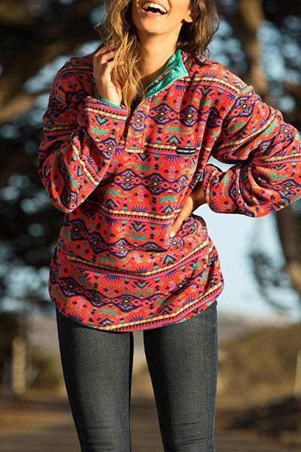 Colorful Flower Print Mandarin Collar Sweatshirt