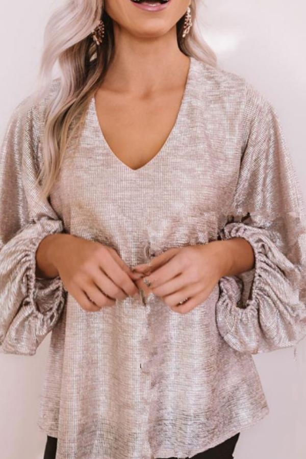 Sparkly Solid Color V Neck Blouse