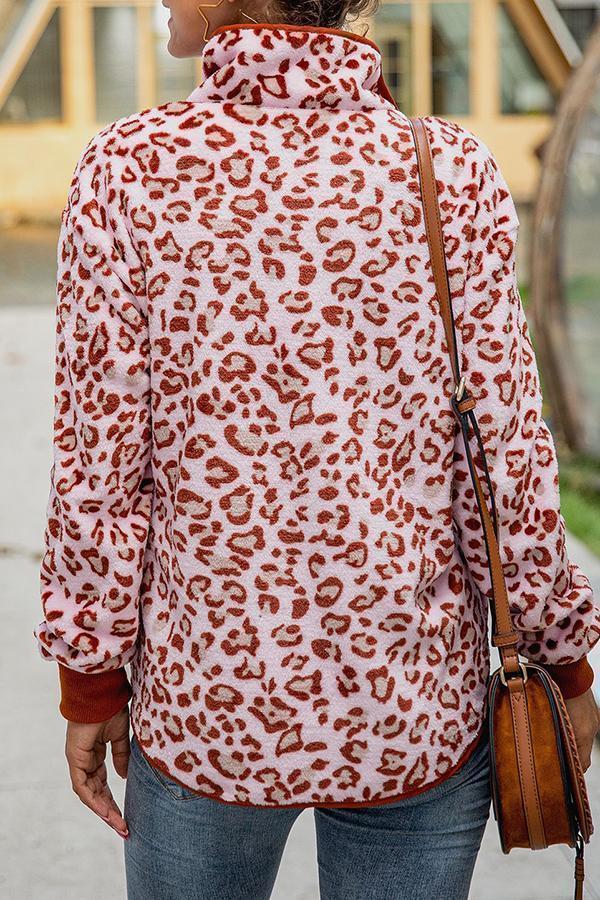 Striking Leopard Print Mandarin Collar Sweatshirt