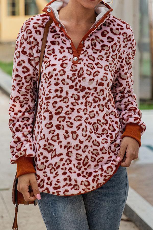 Striking Leopard Print Mandarin Collar Sweatshirt