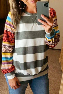 Boho Patchwork Stripy Leopard Print Baggy Sweatshirt