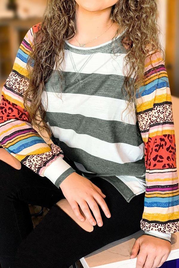 Boho Patchwork Stripy Leopard Print Baggy Sweatshirt