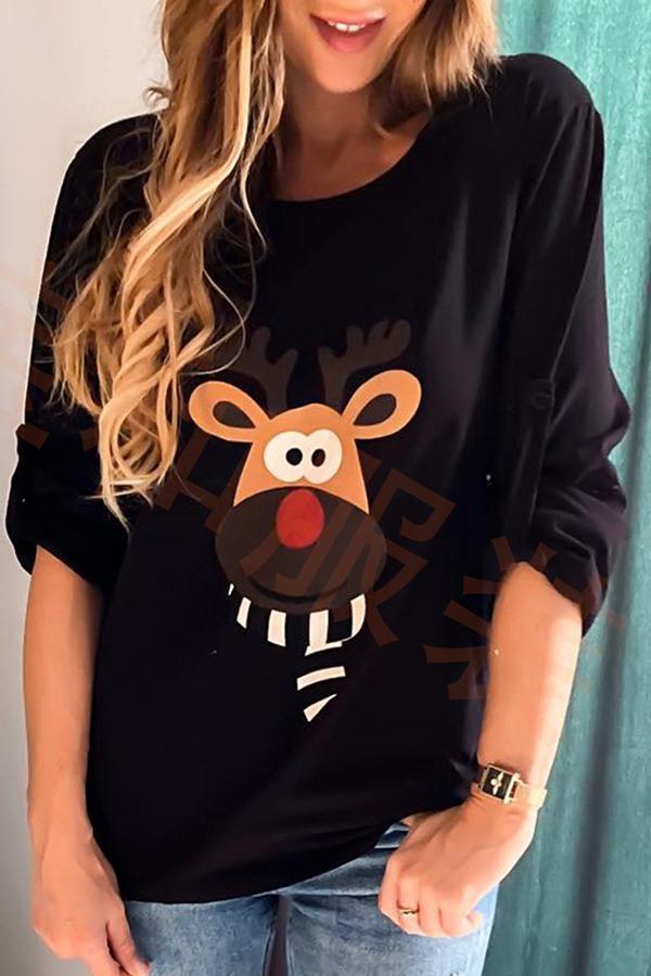 Cute Cartoon Print Reindeer Baggy Sweatshirt