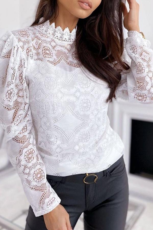 Girly Solid Color Lace Tailored Blouse