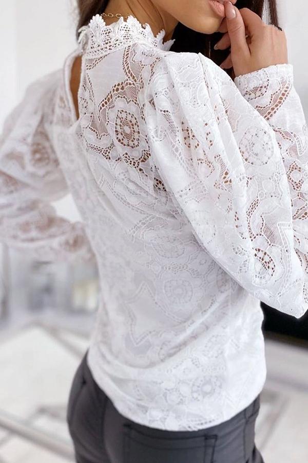 Girly Solid Color Lace Tailored Blouse