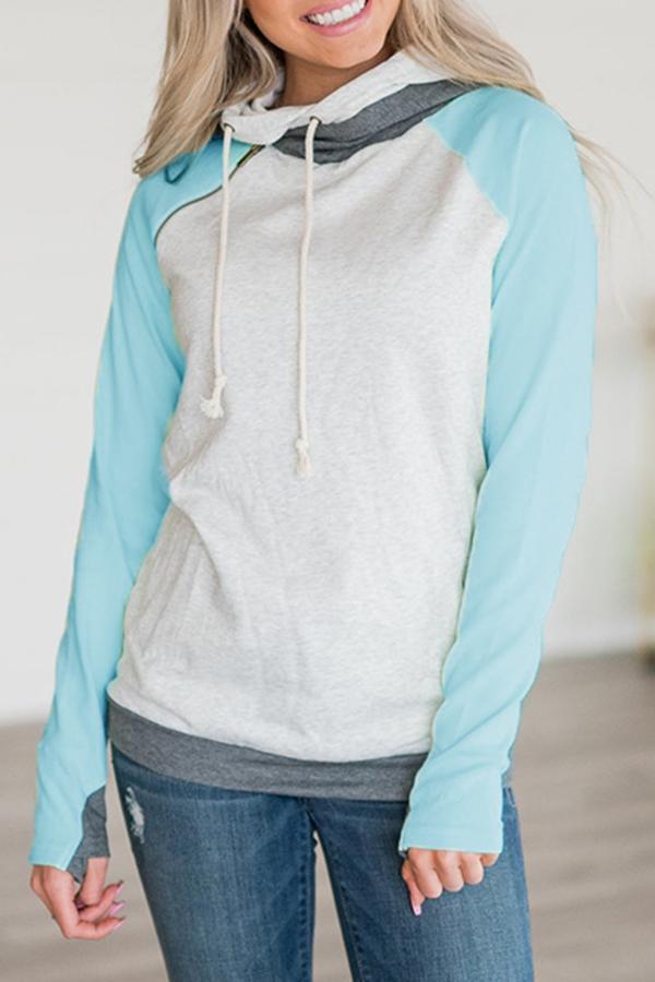 Sporty Color Block Plain Drawstring Tailored Hood Sweatshirt