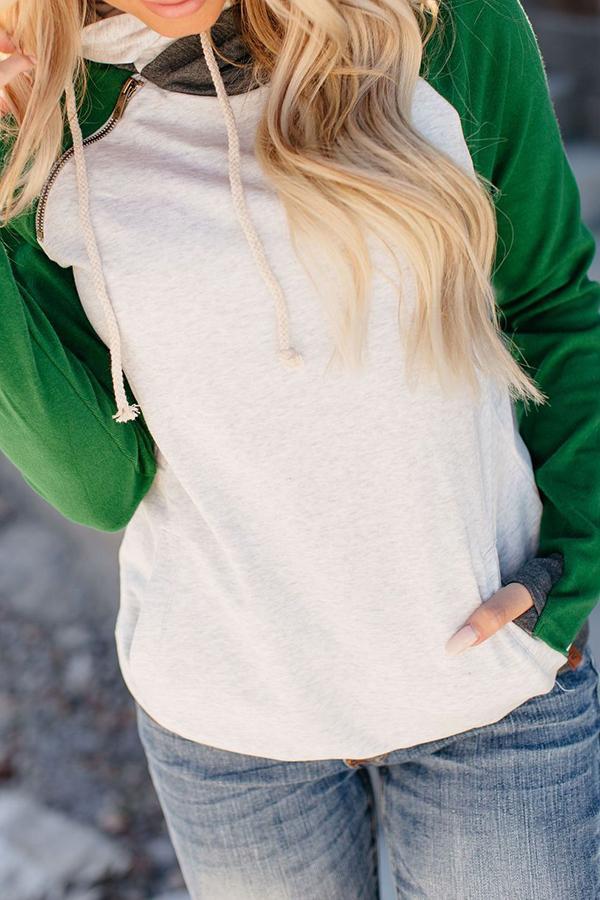 Sporty Color Block Plain Drawstring Tailored Hood Sweatshirt