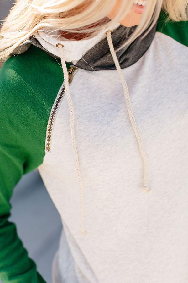 Sporty Color Block Plain Drawstring Tailored Hood Sweatshirt