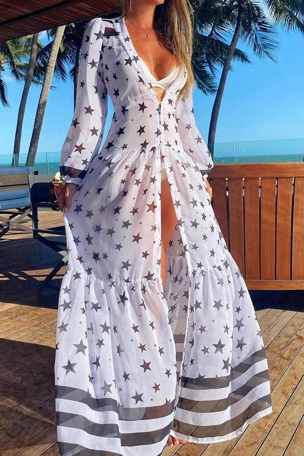 Elegant Stars Print Fork Opening Dress