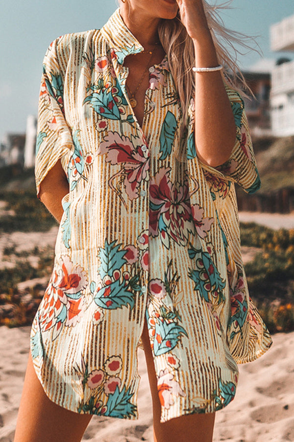 Chiffon Floral Print Seaside Vacation Loose Shirt