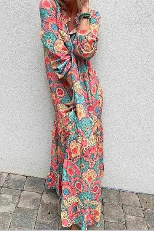 Fringed Loose Print Long Sleeve Dress