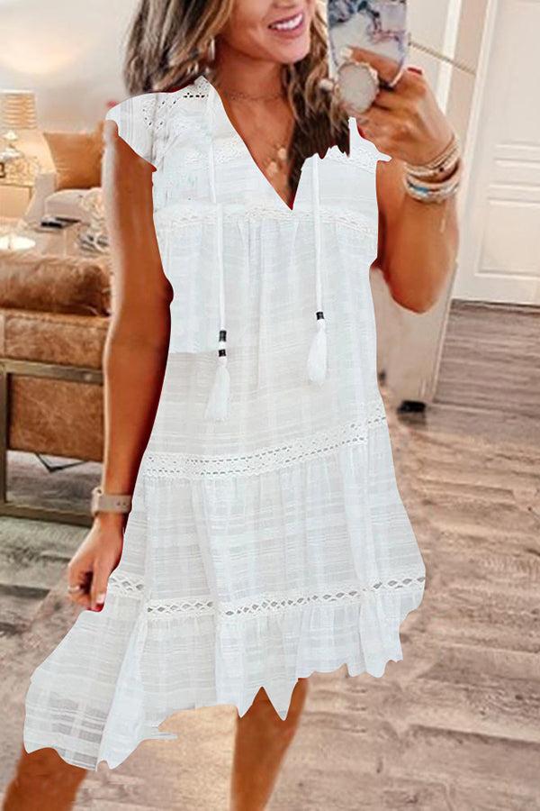 Fringed V-neck Ruffle Sleeve Dress