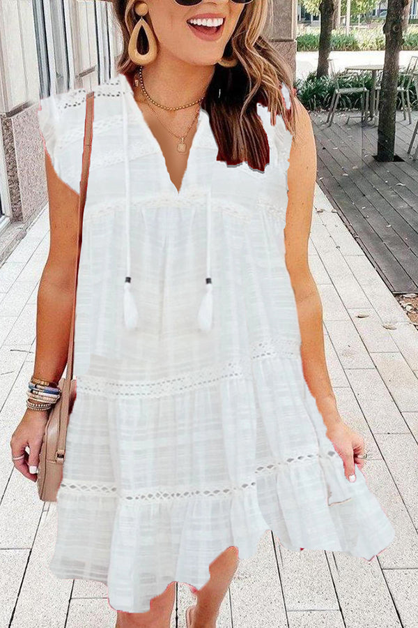 Fringed V-neck Ruffle Sleeve Dress