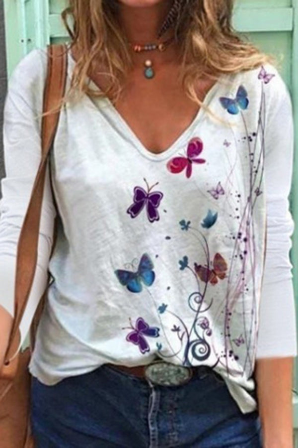 Butterfly Print Simple Long-sleeved V-neck Dress