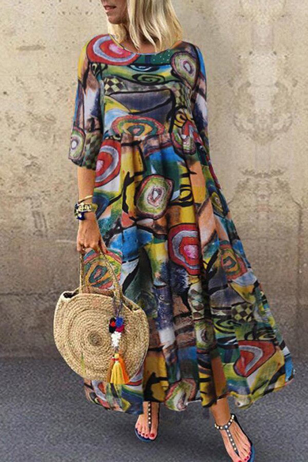 Casual Printed Cotton And Linen Dress