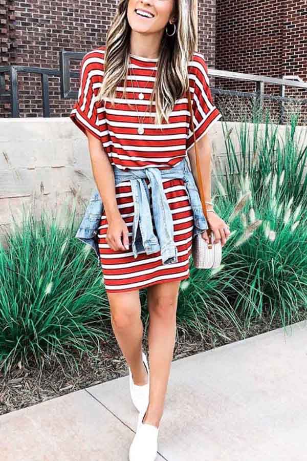 Round Neck Striped Print Bat Sleeve Dress