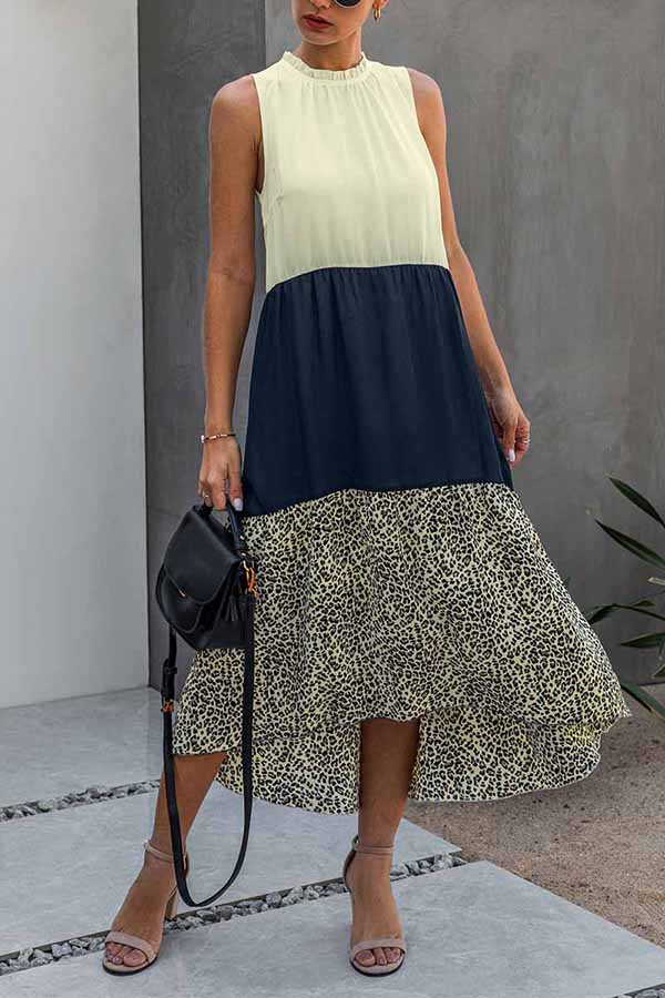 Fashion Stitching Leopard Print Irregular Dress