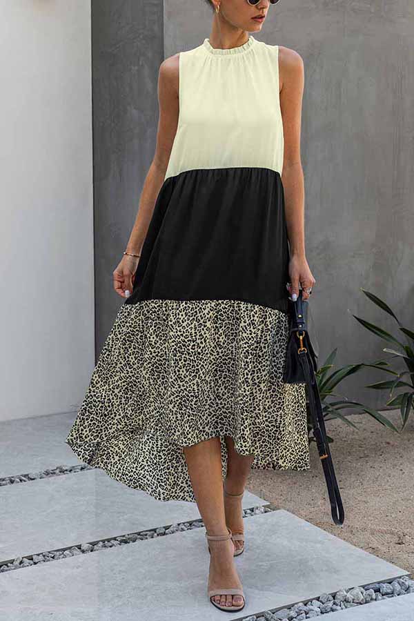 Fashion Stitching Leopard Print Irregular Dress