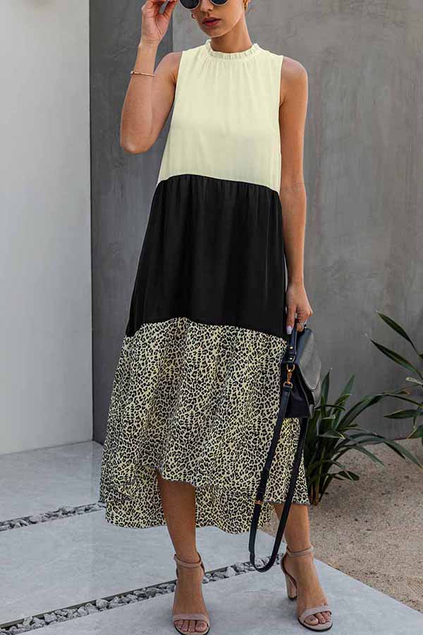 Fashion Stitching Leopard Print Irregular Dress