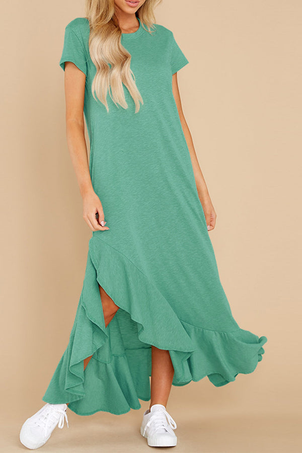 Casual Short-sleeved Ruffled Slit Long Dress