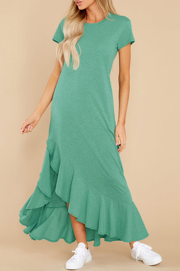 Casual Short-sleeved Ruffled Slit Long Dress