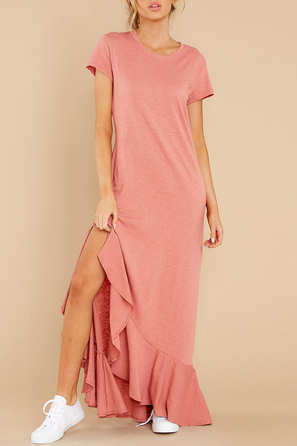 Casual Short-sleeved Ruffled Slit Long Dress