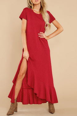 Casual Short-sleeved Ruffled Slit Long Dress