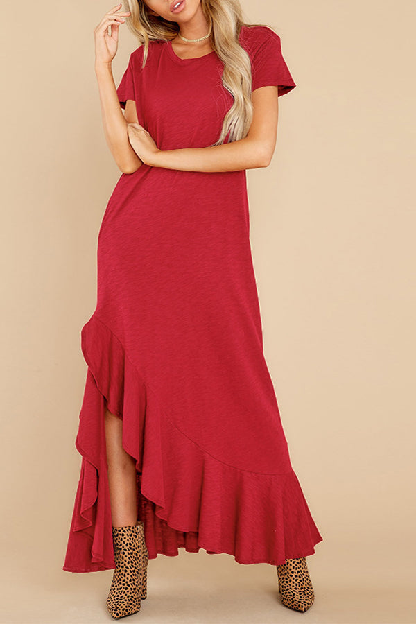 Casual Short-sleeved Ruffled Slit Long Dress