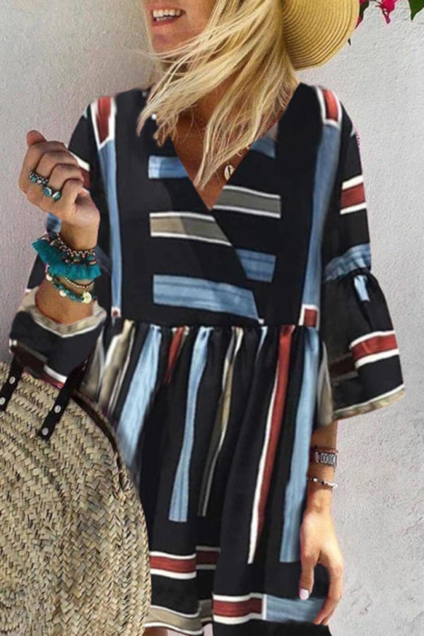 Stylish Striped Print V Neck Midi Dresses