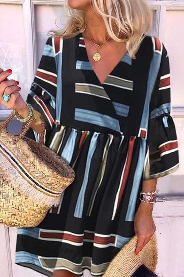 Stylish Striped Print V Neck Midi Dresses