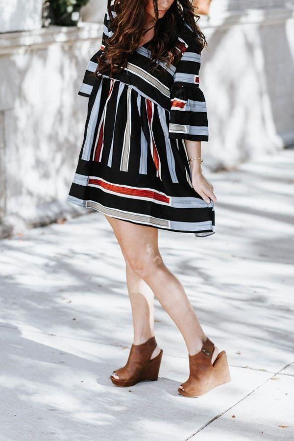 Stylish Striped Print V Neck Midi Dresses