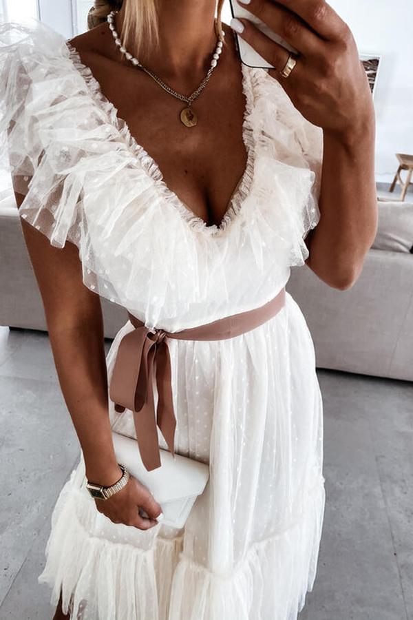 White V-neck Mesh Short Sleeve Dress