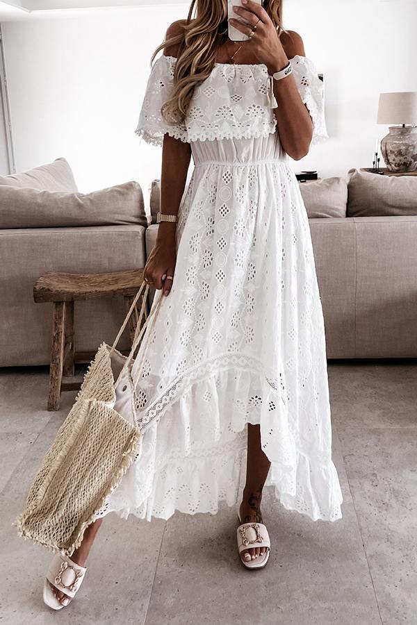 Off Shoulder Eyelet Embroidery Dip Hem Dress