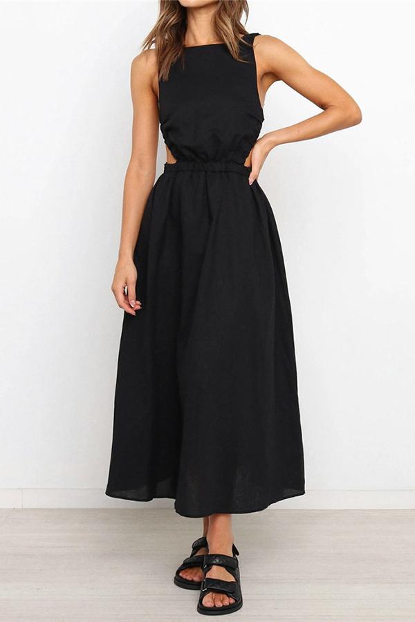 Solid Color Backless Cutout Calf-length Dress