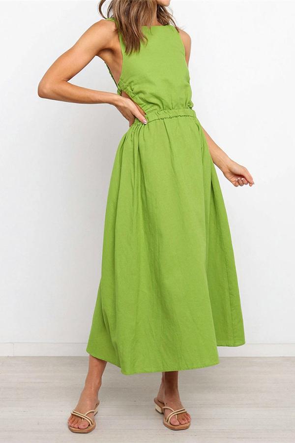 Solid Color Backless Cutout Calf-length Dress