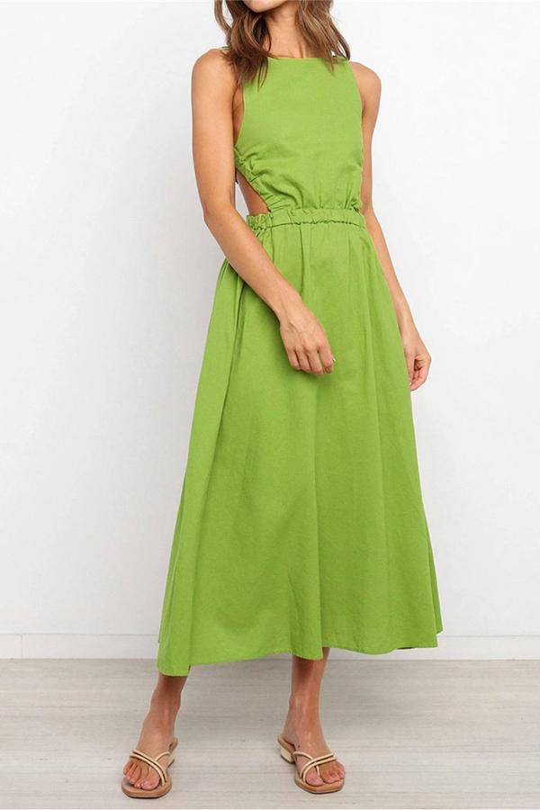 Solid Color Backless Cutout Calf-length Dress