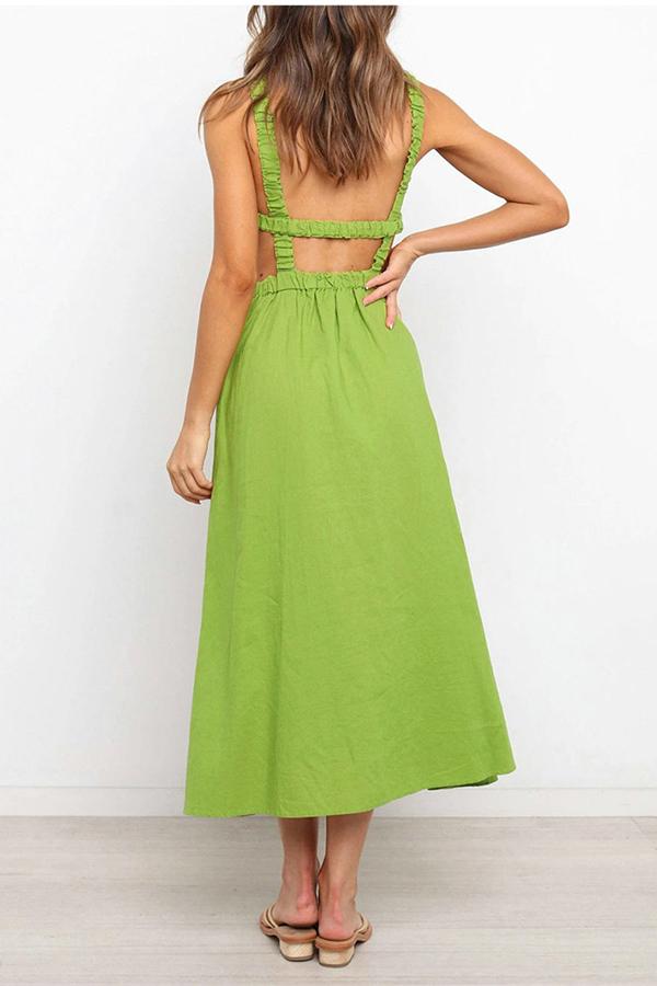 Solid Color Backless Cutout Calf-length Dress