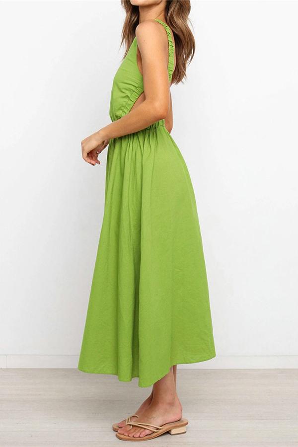 Solid Color Backless Cutout Calf-length Dress