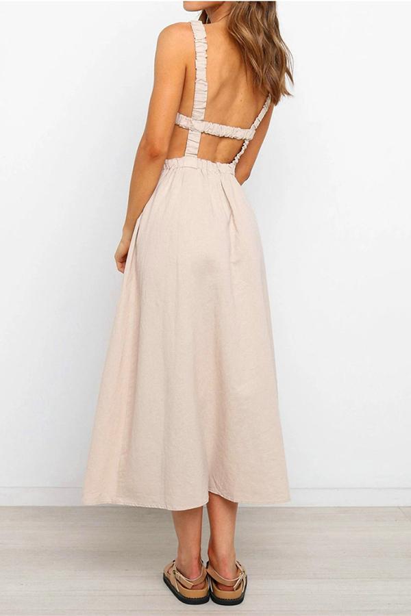 Solid Color Backless Cutout Calf-length Dress