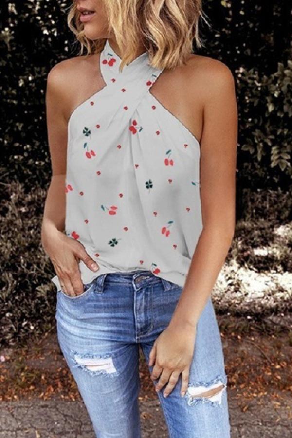 Casual Halterneck Print Sleeveless Top